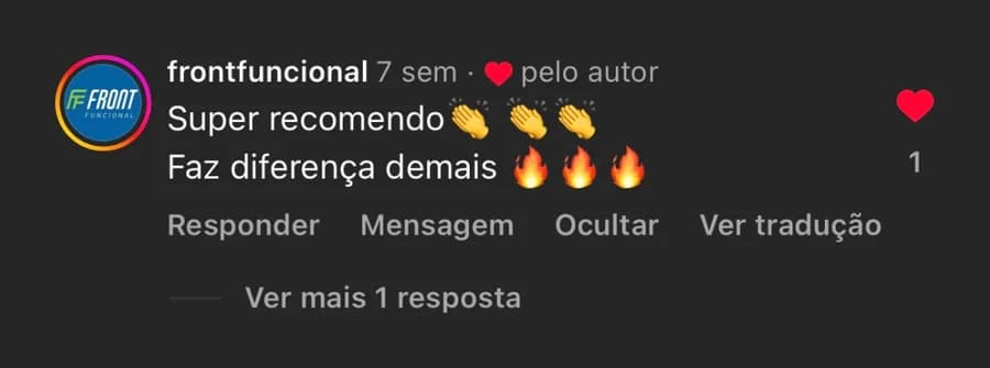 Instagram comment by @frontfuncional: "Highly recommend 👏👏👏 Makes a huge difference 🔥🔥🔥"